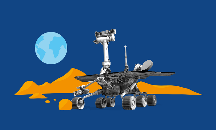 Collage: NASA Marssonde Opportunity auf Marsoberfläche