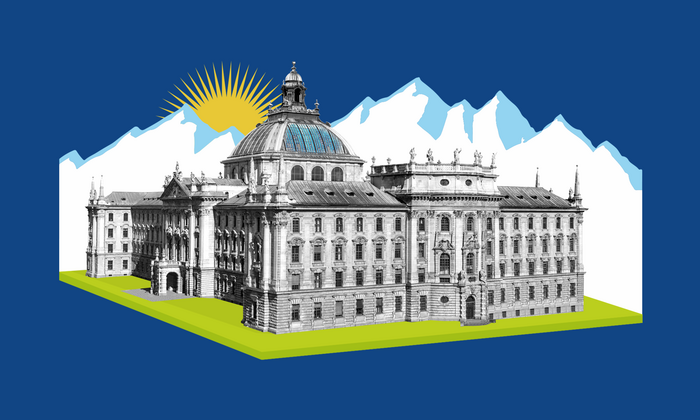 Collage of the Palace of Justice at Stachus in Munich, with mountains in the background