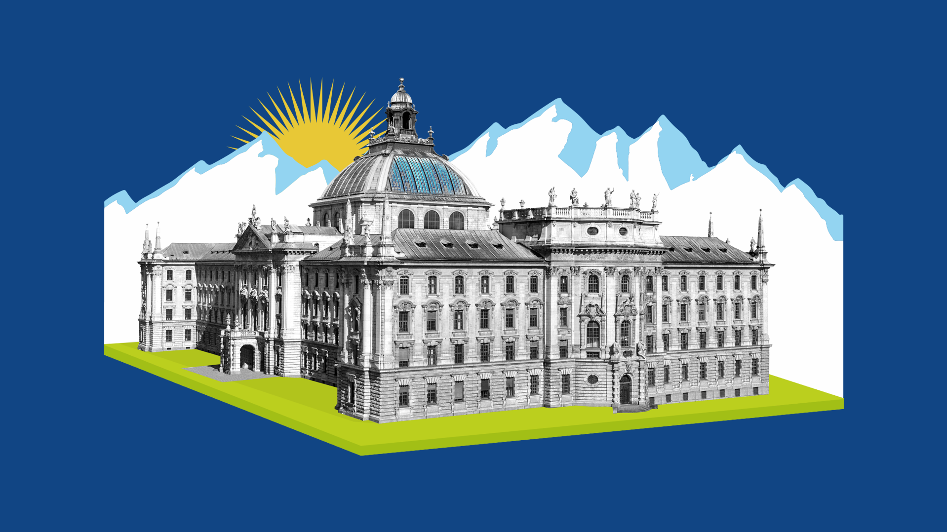 Collage of the Palace of Justice at Stachus in Munich, with mountains in the background