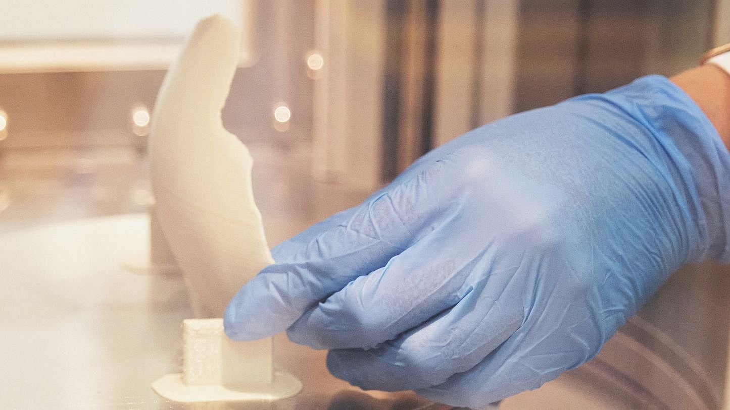 Nahaufnahme eines Implantats, das von einer Frau mit Handschuh festgehalten wird