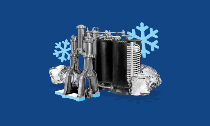 Collage of Linde’s cooling machine with ice cubes