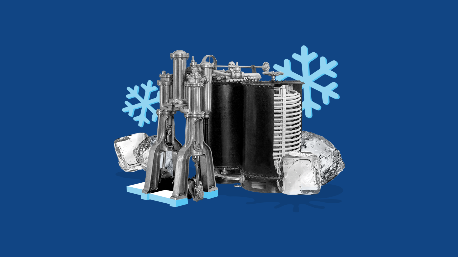 Collage of Linde’s cooling machine with ice cubes