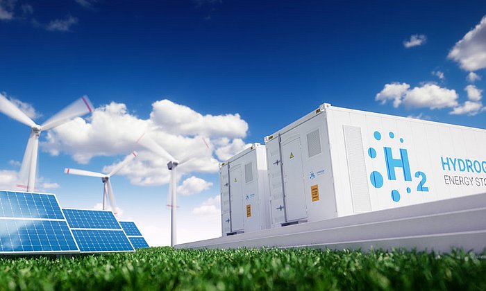 Windräder, Solarmodule und Wasserstoffspeicher