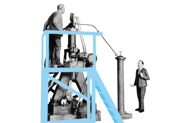 Rudolf Diesel mit Versuchsmotor in einer grafischen Darstellung