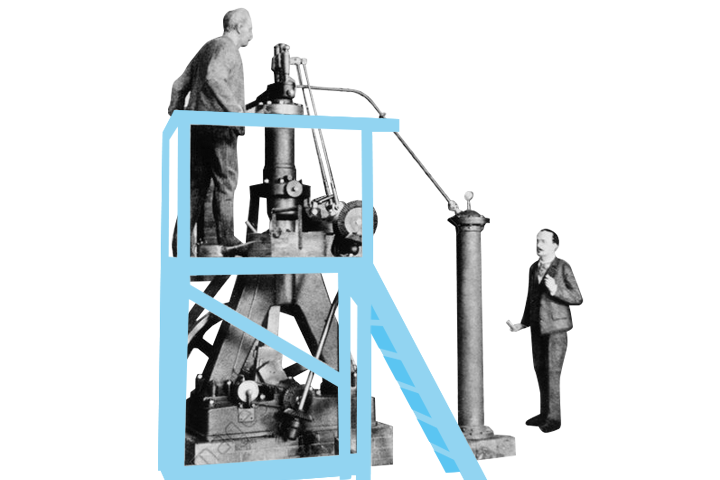 Rudolf Diesel with a test engine in a graphical representation