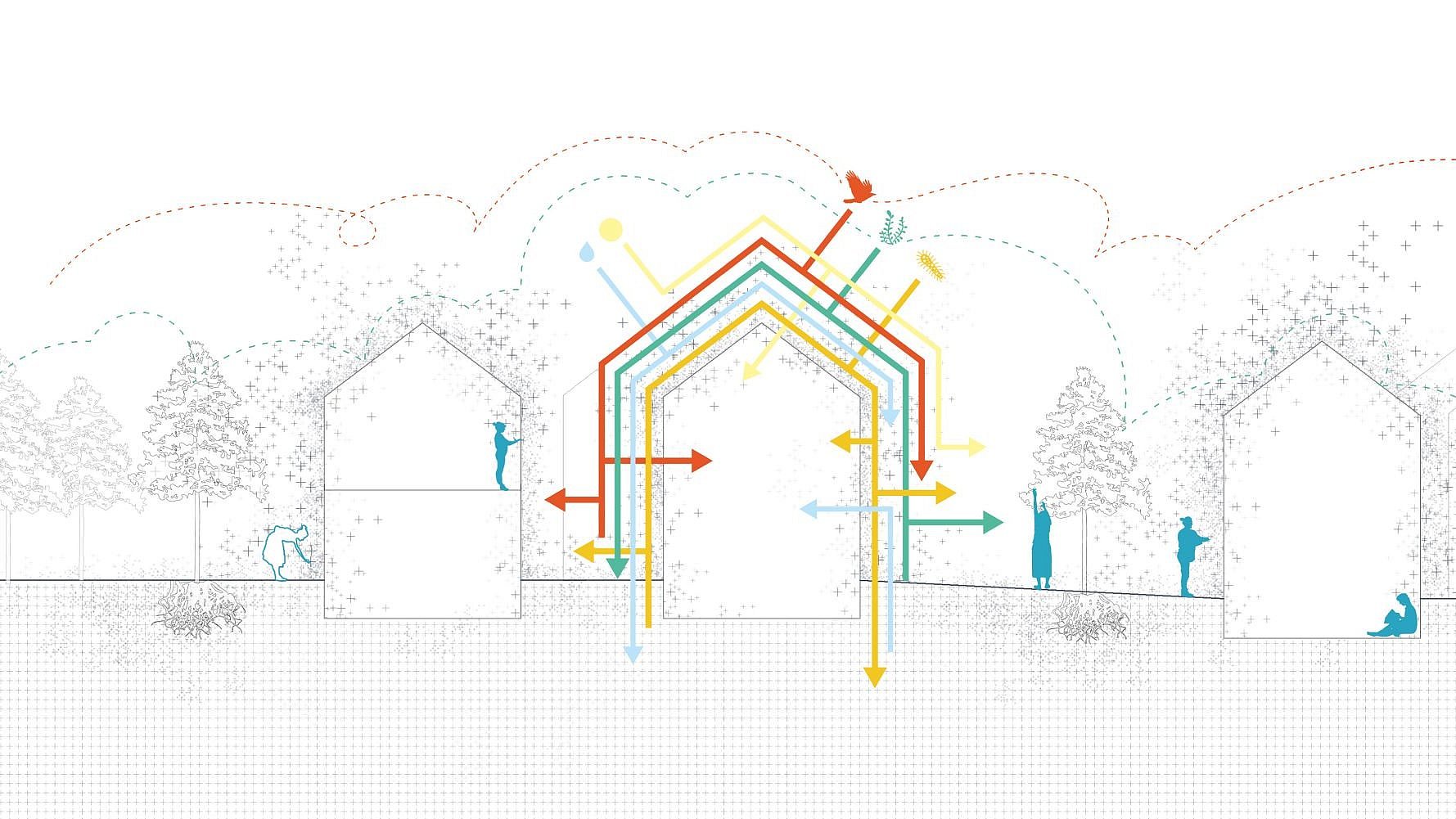 Graphic illustration of a building envelope as a habitat for animals, plants and microorganisms.