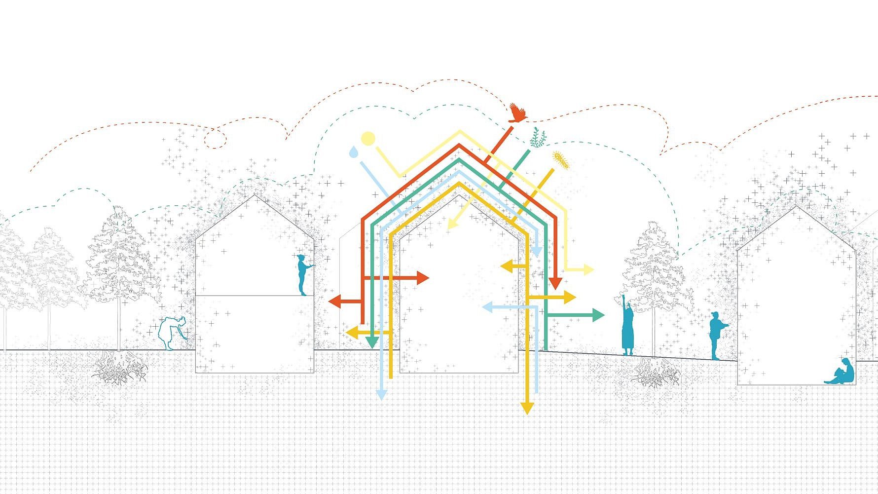 Grafische Abbildung einer Gebäudehülle als Lebensraum für Tiere, Pflanzen und Mikroorganismen.