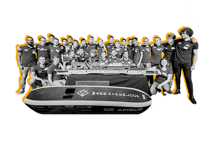 The WARR Hyperloop 2 team in front of their pod, shown as a graphic representation