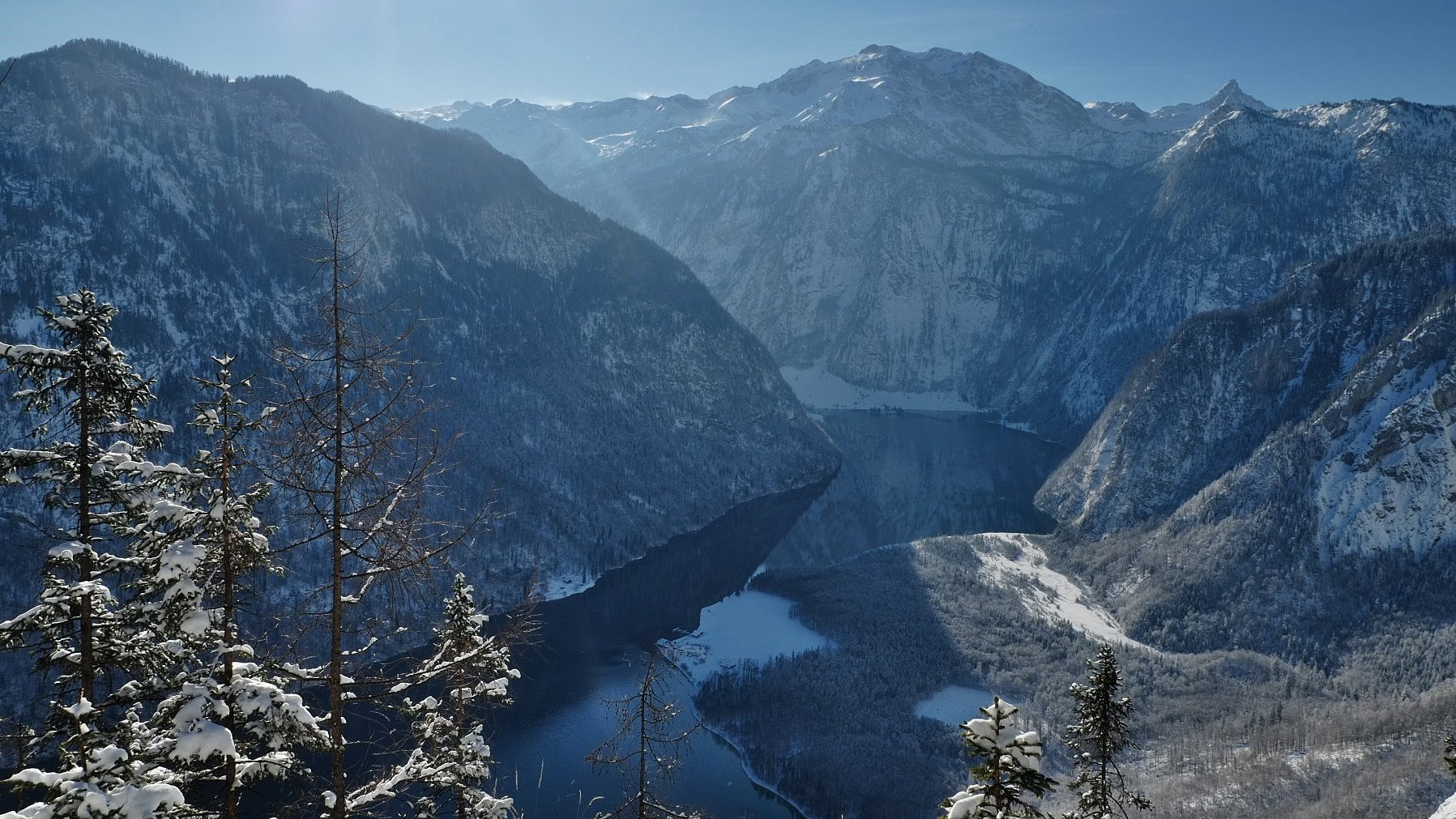 Blick auf den Königssee in Bayern im winterlichen Gebirge mit schneebedeckten Bäumen