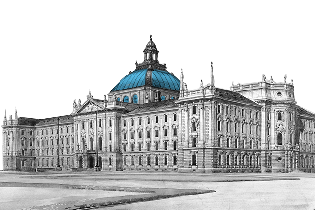 Zeichnung Justizgebäude mit freitragender Glas-Eisen-Kuppel