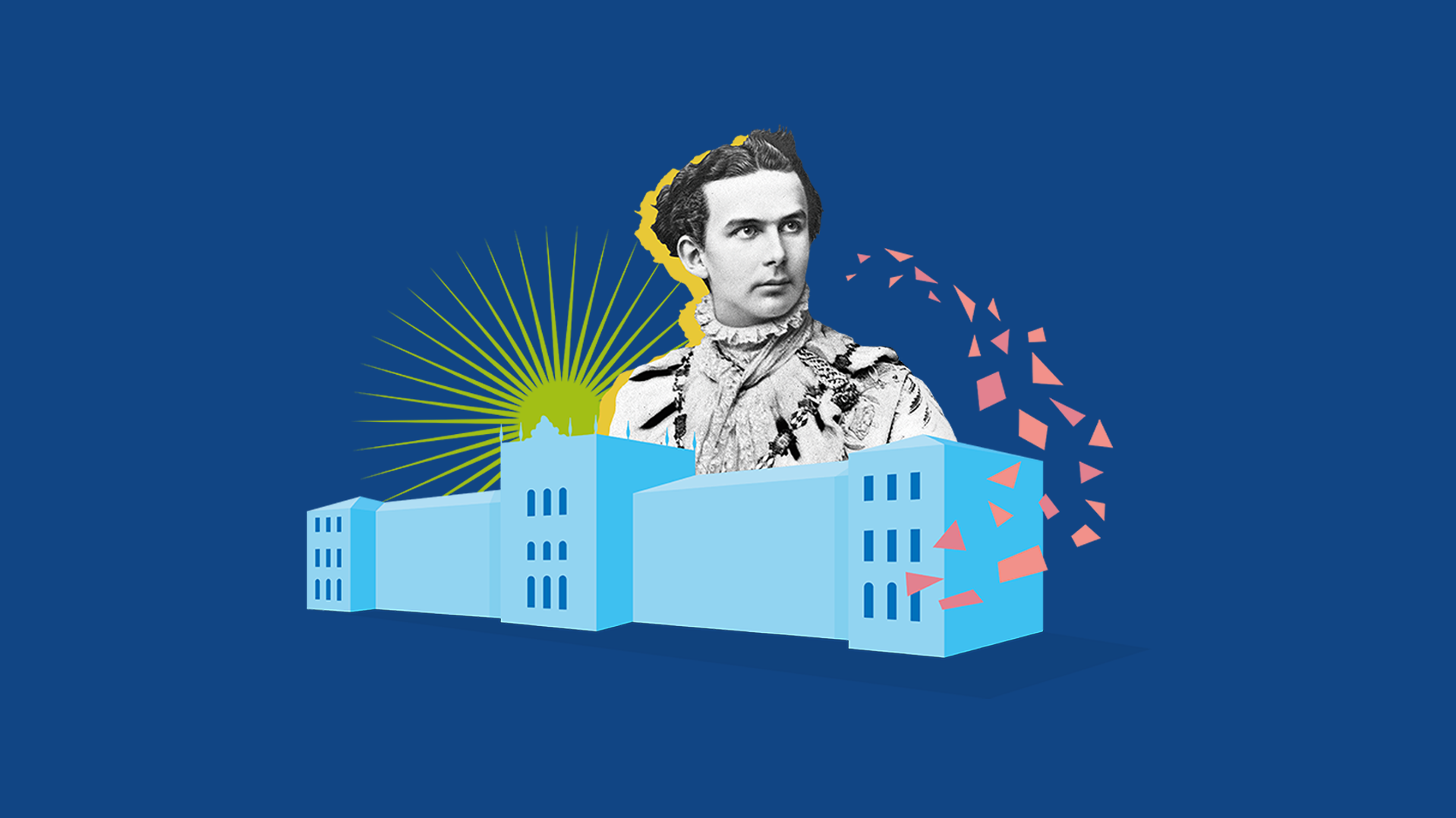 Collage featuring King Ludwig II over an illustrated polytechnic university