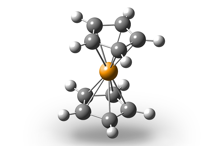 Ball and stick model of a ferrocene molecule