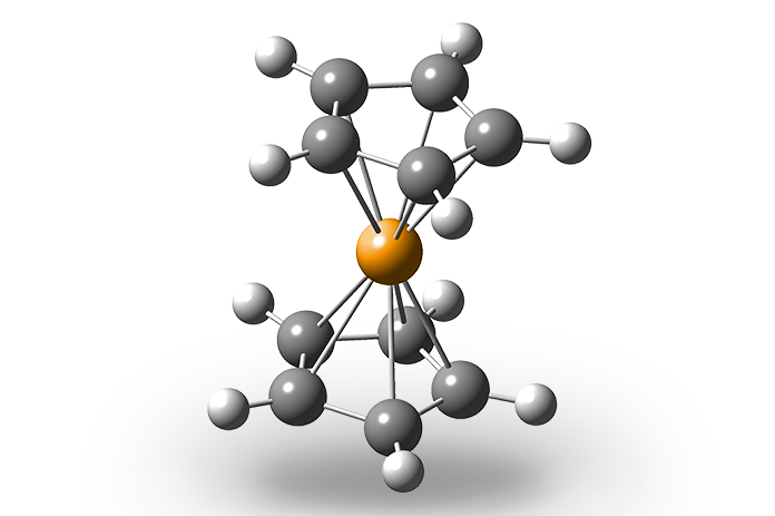 Kugel-Stab-Modell eines Ferrocen-Moleküls