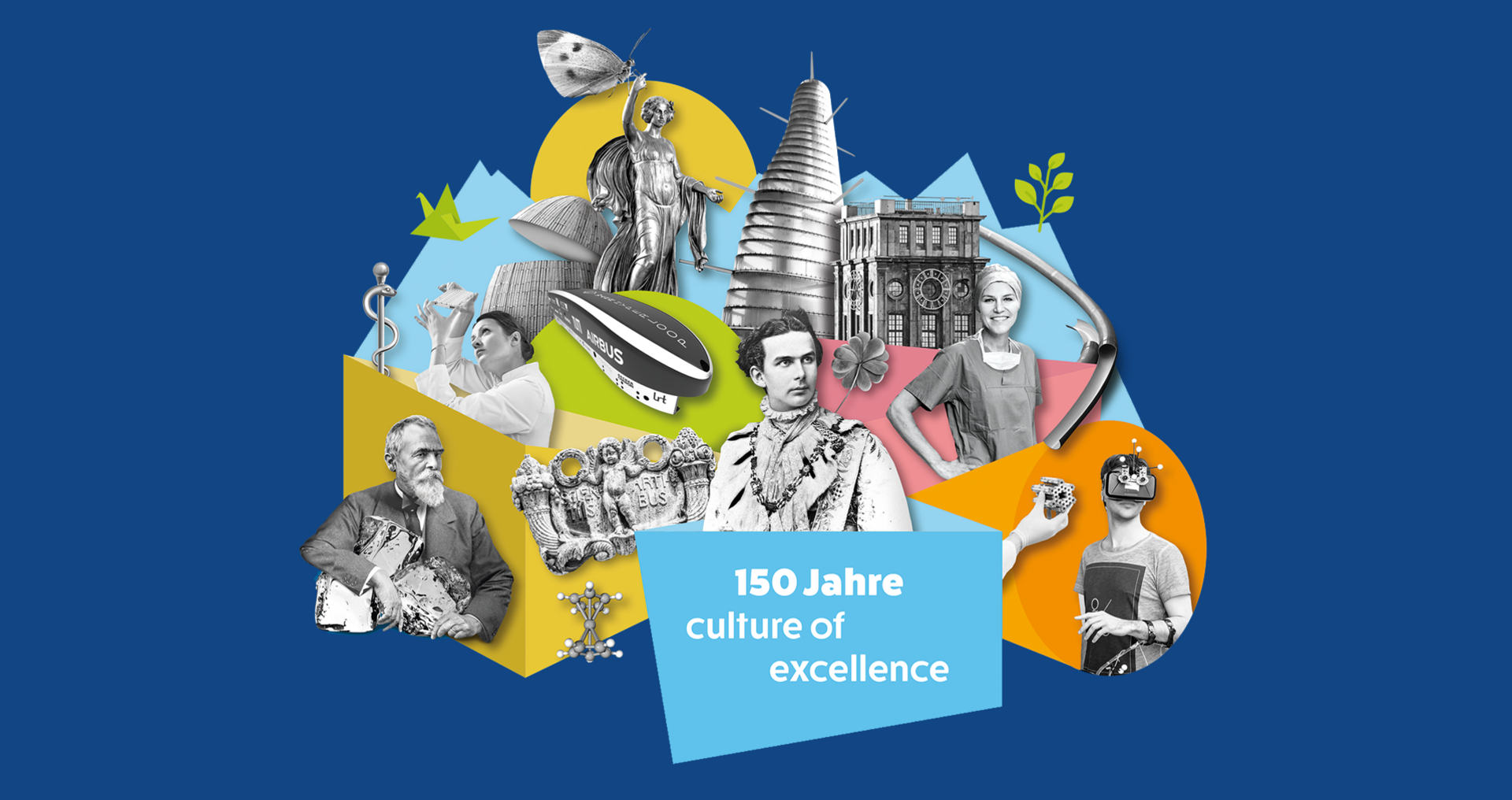 Collage featuring various personalities and objects that played a role in the 150th anniversary of TUM in 2018. 