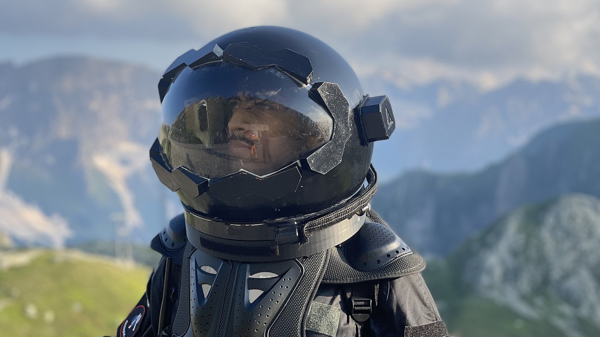 Ilyasse Taame outside the Sasso San Gottardo in a spacesuit. Extravehicular activities were part of the student space simulation Asclepios IV. 