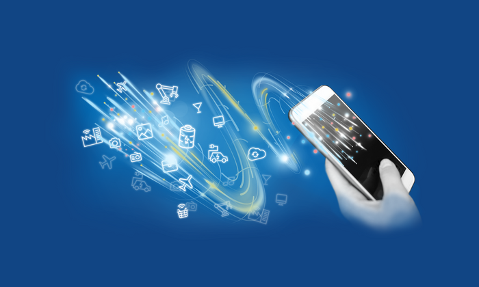 Collage: Smartphone mit Iconsymbolen zu Internet der Dinge