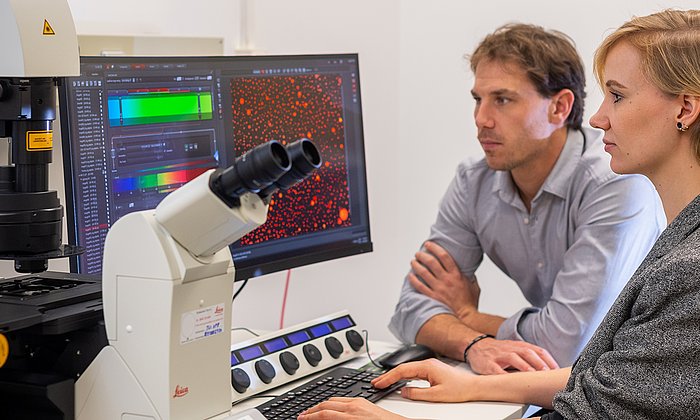 Prof. Job Boekhoven und Caren Wanzke haben ein neues Materialsystem entdeckt, das Arzneimittel über einen einstellbaren Zeitraum mit einer konstanten Rate  freisetzen kann. Das mikroskopische Bild (rechts) zeigt in ein Hydrogel eingebettete, hydrolysierbare Öltröpfchen.
