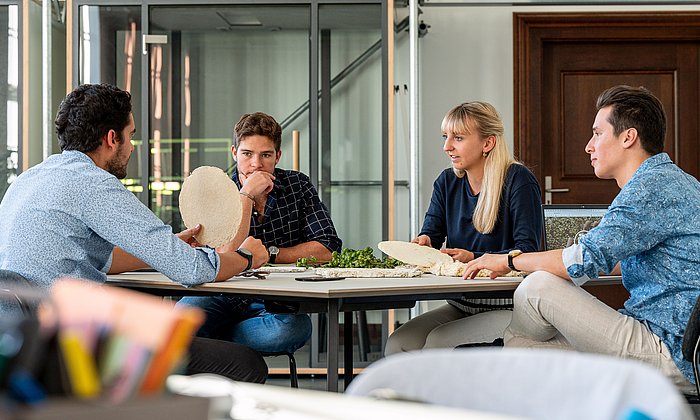 Das Team von HophON sitzt am Tisch und diskutiert