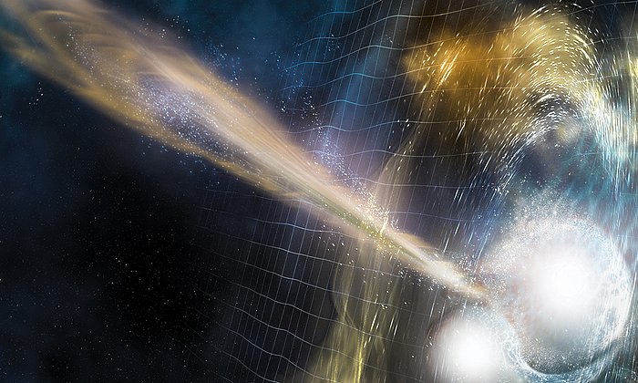 Illustration von zwei fusionierenden Neutronensternen. Aus der Kollision breiten sich Gravitationswellen aus, wenige Sekunden später ereignet sich ein Ausbruch von Gammastrahlen. Von den zusammenwachsenden Sternen werden wirbelnde Materialwolken ausgestoßen.