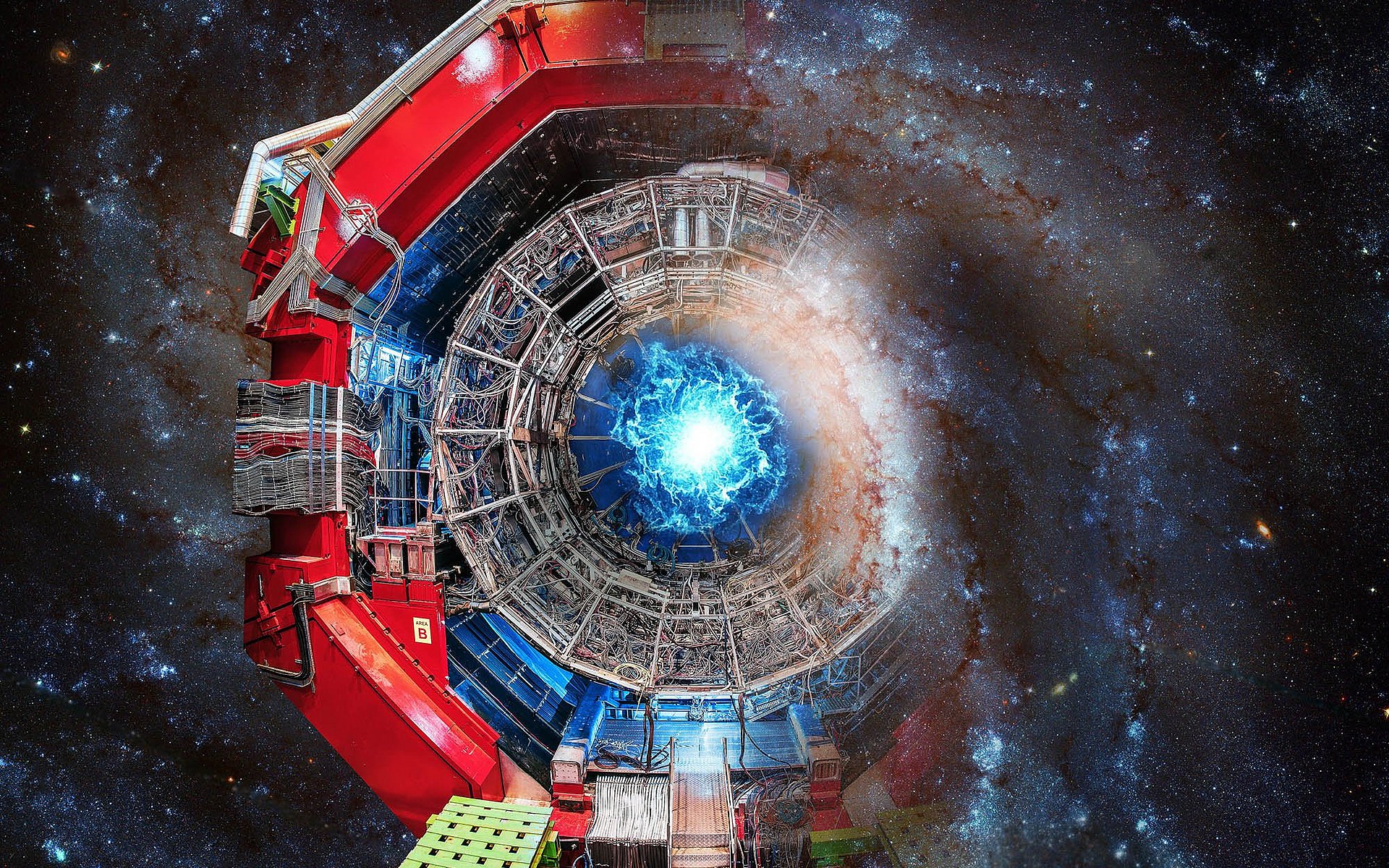 Artistic illustration of antihelium annihilation in the  ALICE detector at CERN as well as in the universe.