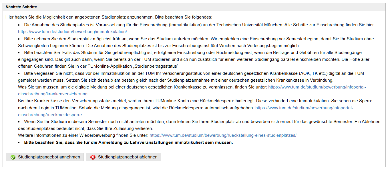 Screenshot TUMonline: Studienplatz annehmen