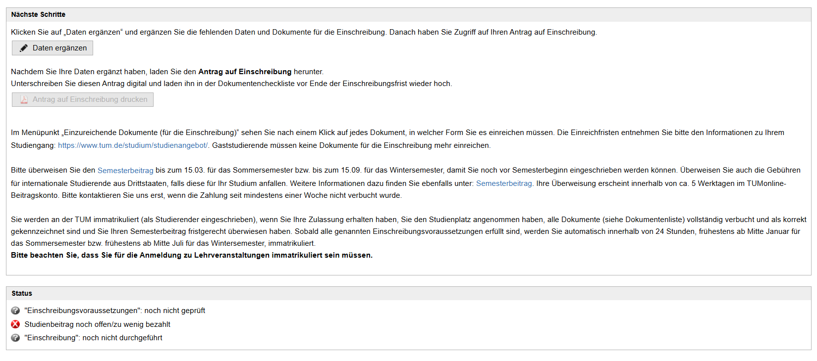 Screenshot TUMonline: Daten ergänzen