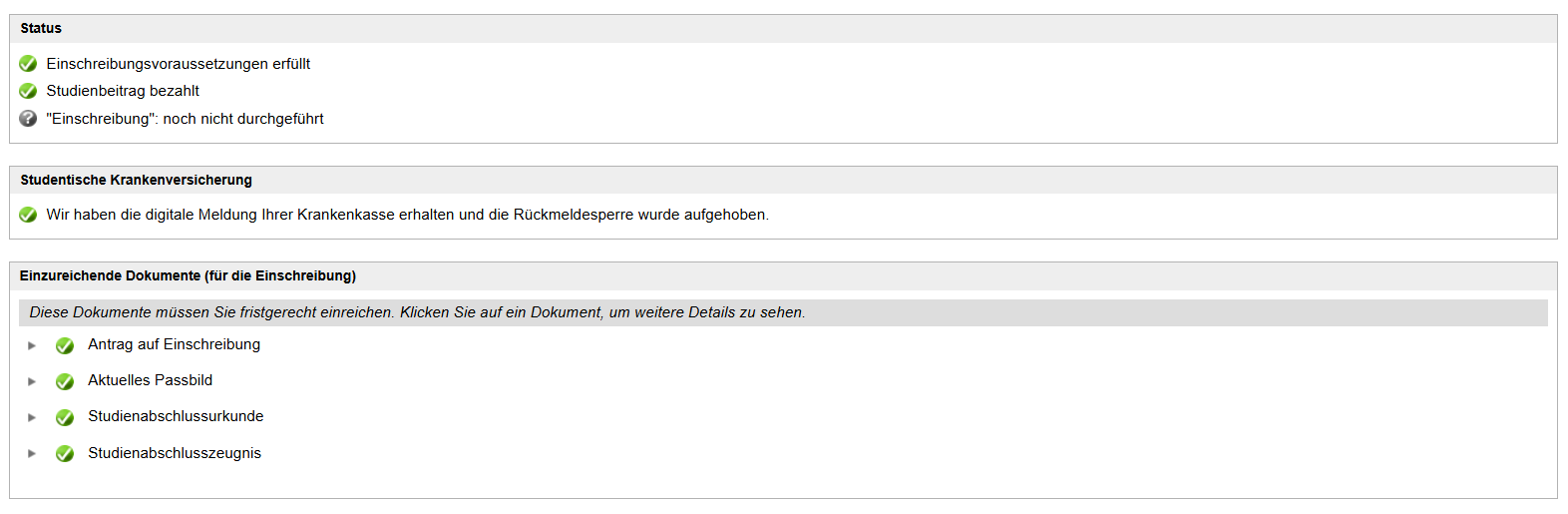 Screenshot TUMonline: Status Immatrikulation