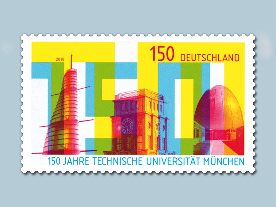 Die Jubiläumsbriefmarke zeigt den Oskar von Miller-Turm, den Thiersch-Turm und das „Atom-Ei“.