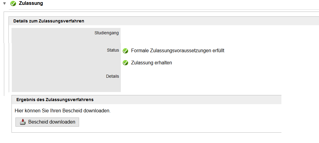 Screenshot TUMonline: Zulassung